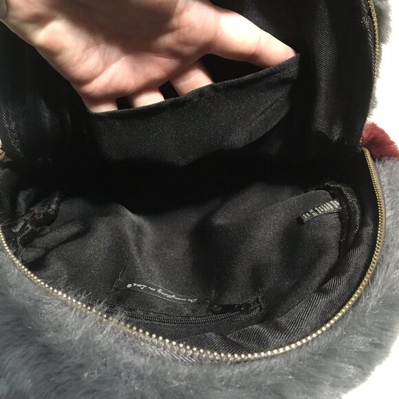 Faux Fur Backpack Gray Burgundy Travel School Vacation Academia Fuzzy - Picture 13 of 13